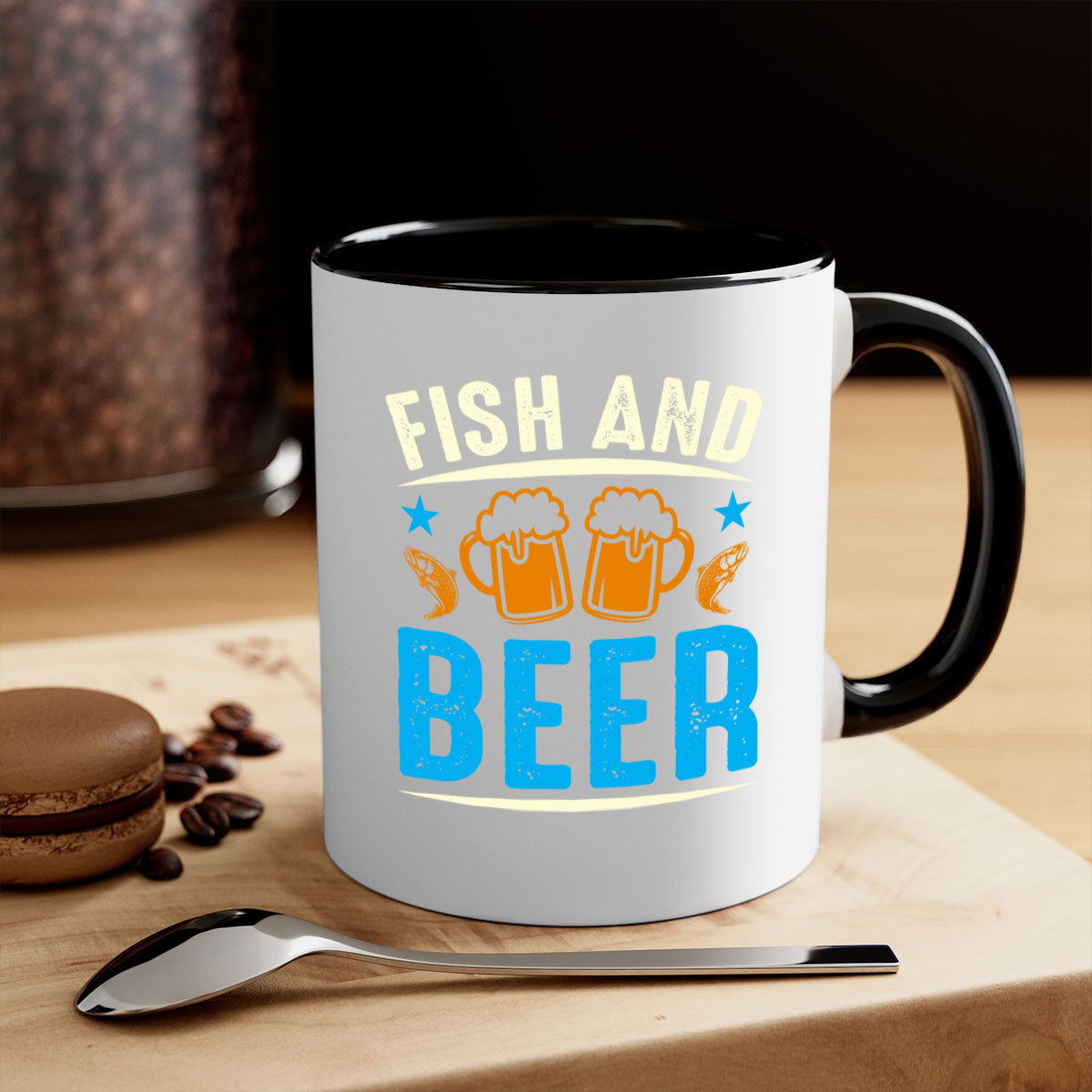 Fish and Beer 114# Mug with colored handle and glossy finish, available in multiple colors and sizes.
