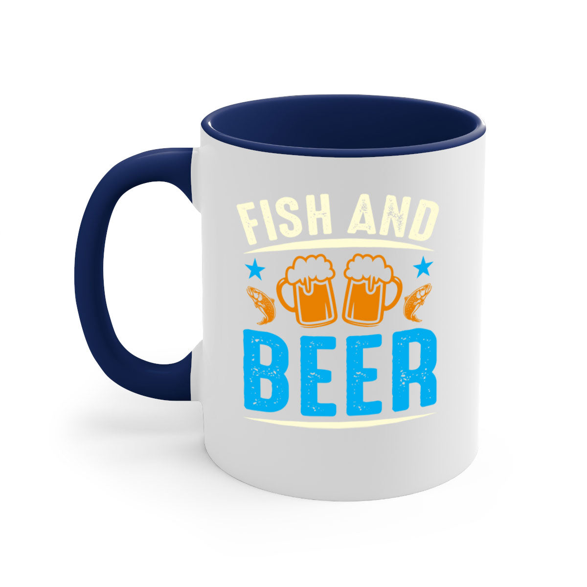 Fish and Beer 114# Mug with colored handle and glossy finish, available in multiple colors and sizes.