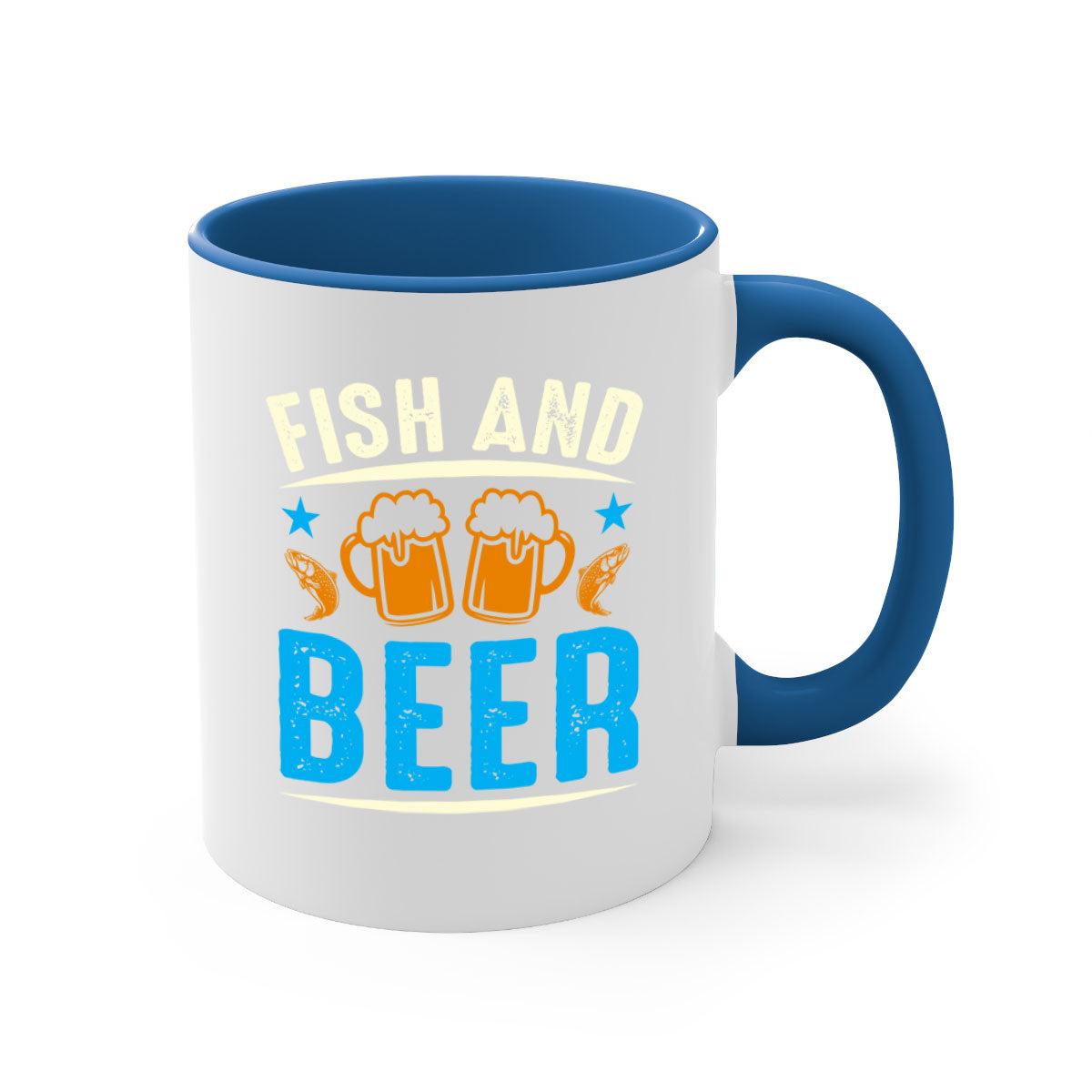 Fish and Beer 114# Mug with colored handle and glossy finish, available in multiple colors and sizes.