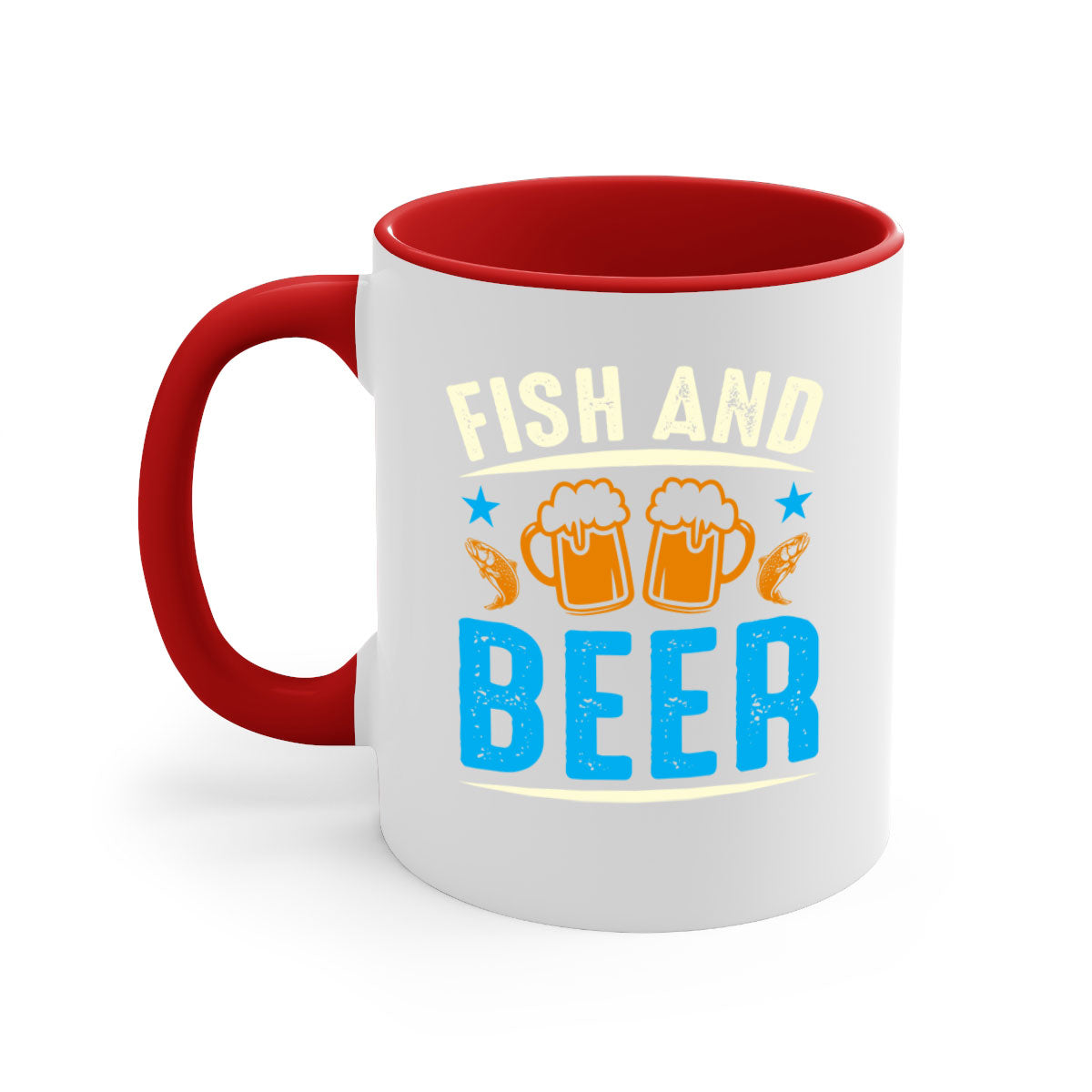 Fish and Beer 114# Mug with colored handle and glossy finish, available in multiple colors and sizes.