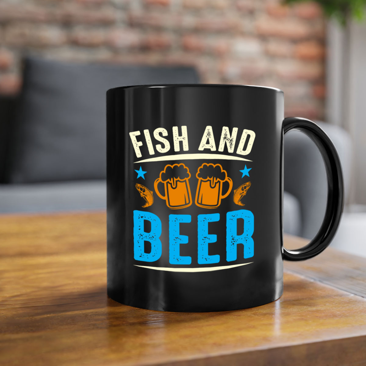 Fish and Beer 114# Mug with colored handle and glossy finish, available in multiple colors and sizes.