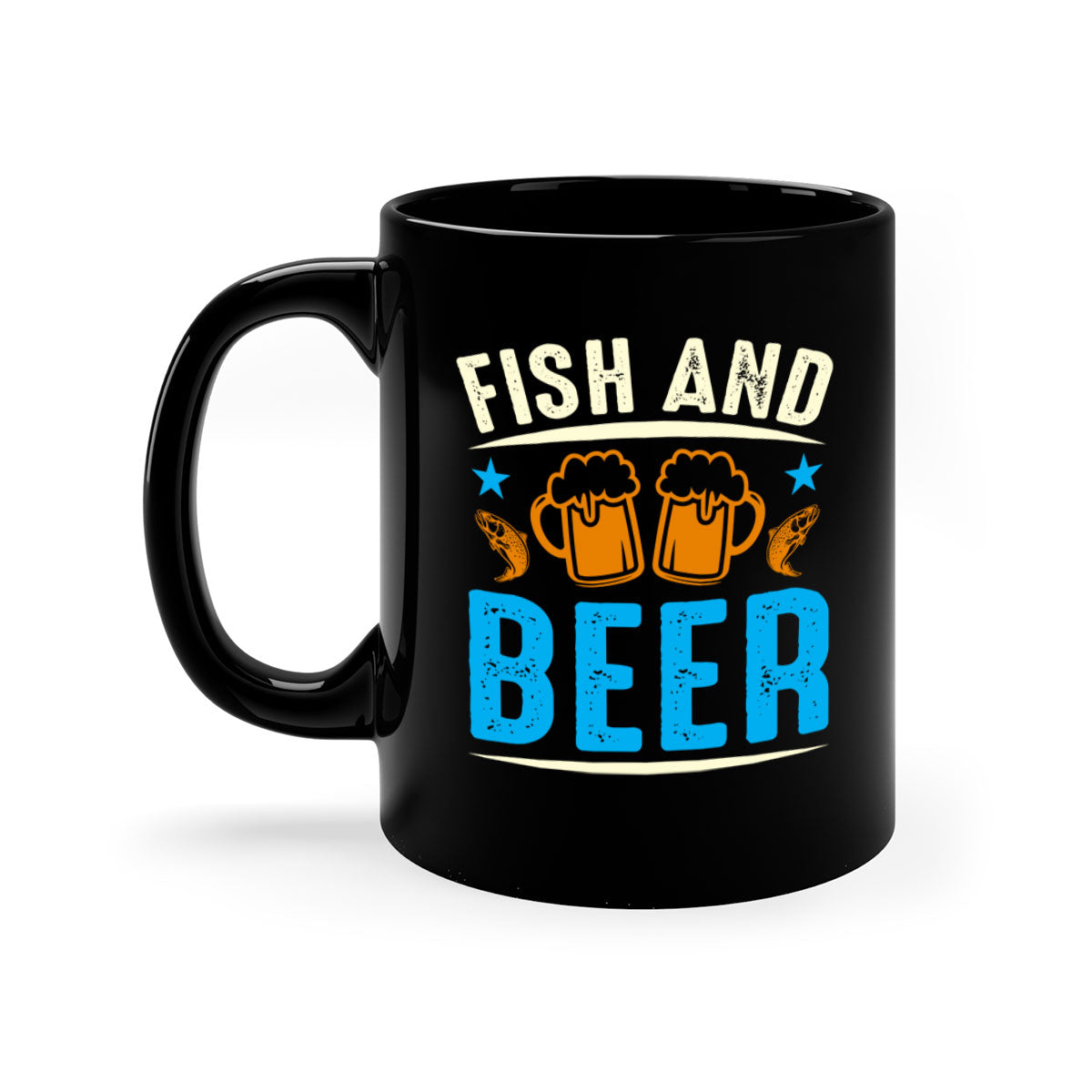 Fish and Beer 114# Mug with colored handle and glossy finish, available in multiple colors and sizes.