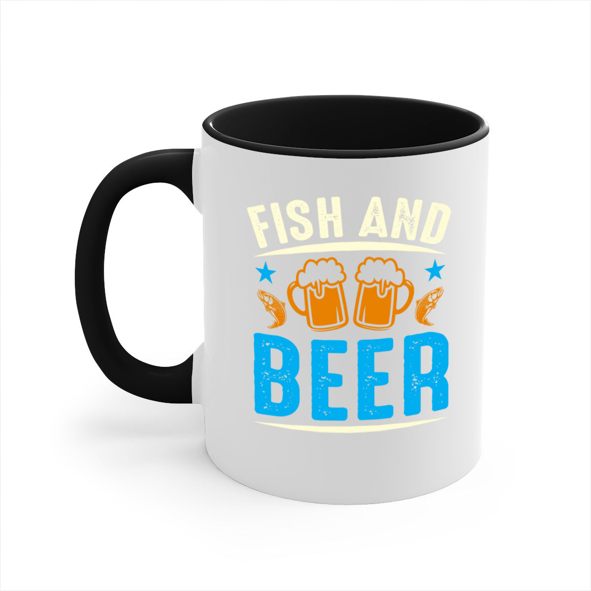 Fish and Beer 114# Mug with colored handle and glossy finish, available in multiple colors and sizes.