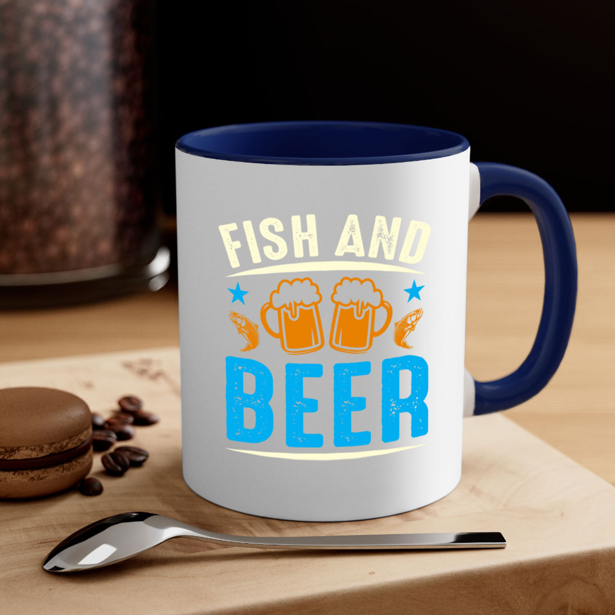 Fish and Beer 114# Mug with colored handle and glossy finish, available in multiple colors and sizes.