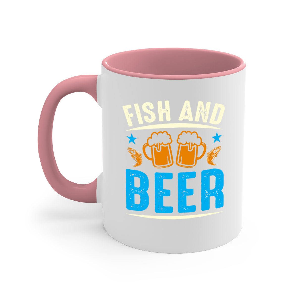 Fish and Beer 114# Mug with colored handle and glossy finish, available in multiple colors and sizes.