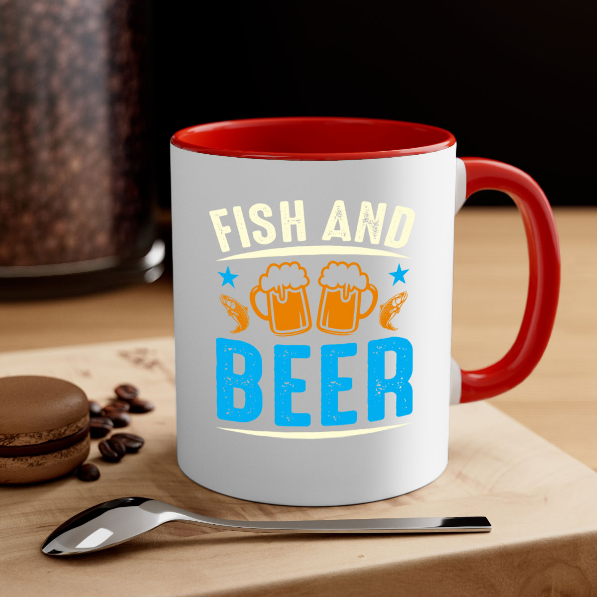 Fish and Beer 114# Mug with colored handle and glossy finish, available in multiple colors and sizes.