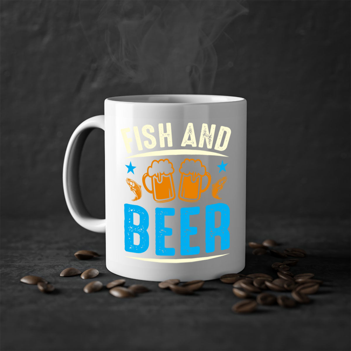 Fish and Beer 114# Mug with colored handle and glossy finish, available in multiple colors and sizes.