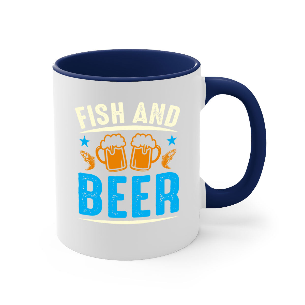 Fish and Beer 114# Mug with colored handle and glossy finish, available in multiple colors and sizes.