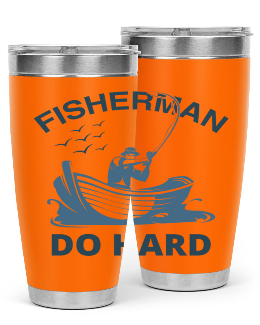 Fisher Man Do Hard 155# Tumbler, a durable 20oz stainless steel tumbler with double wall vacuum insulation and a drink-thru lid, perfect for outdoor use.