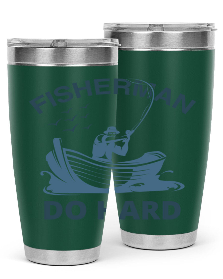 Fisher Man Do Hard 155# Tumbler, a durable 20oz stainless steel tumbler with double wall vacuum insulation and a drink-thru lid, perfect for outdoor use.
