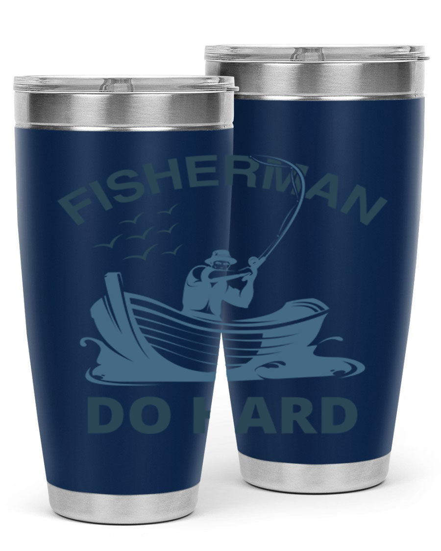 Fisher Man Do Hard 155# Tumbler, a durable 20oz stainless steel tumbler with double wall vacuum insulation and a drink-thru lid, perfect for outdoor use.