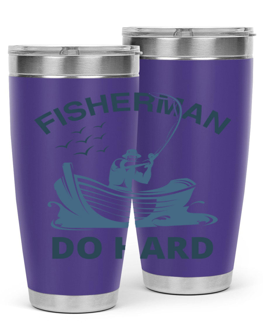 Fisher Man Do Hard 155# Tumbler, a durable 20oz stainless steel tumbler with double wall vacuum insulation and a drink-thru lid, perfect for outdoor use.