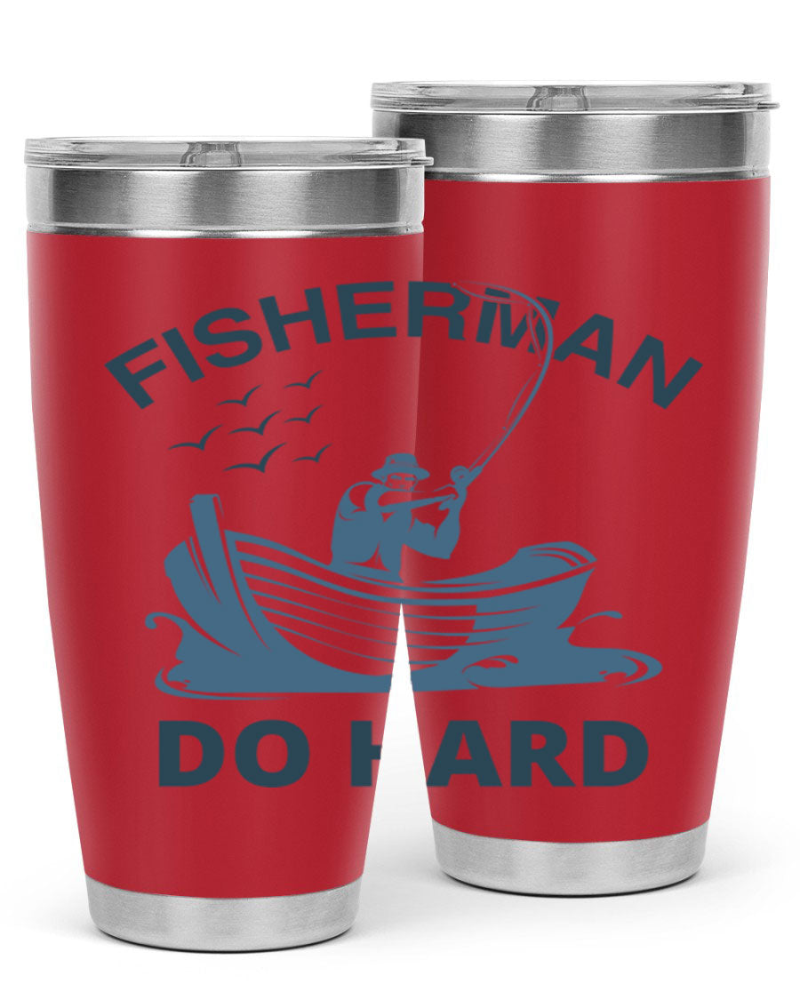 Fisher Man Do Hard 155# Tumbler, a durable 20oz stainless steel tumbler with double wall vacuum insulation and a drink-thru lid, perfect for outdoor use.