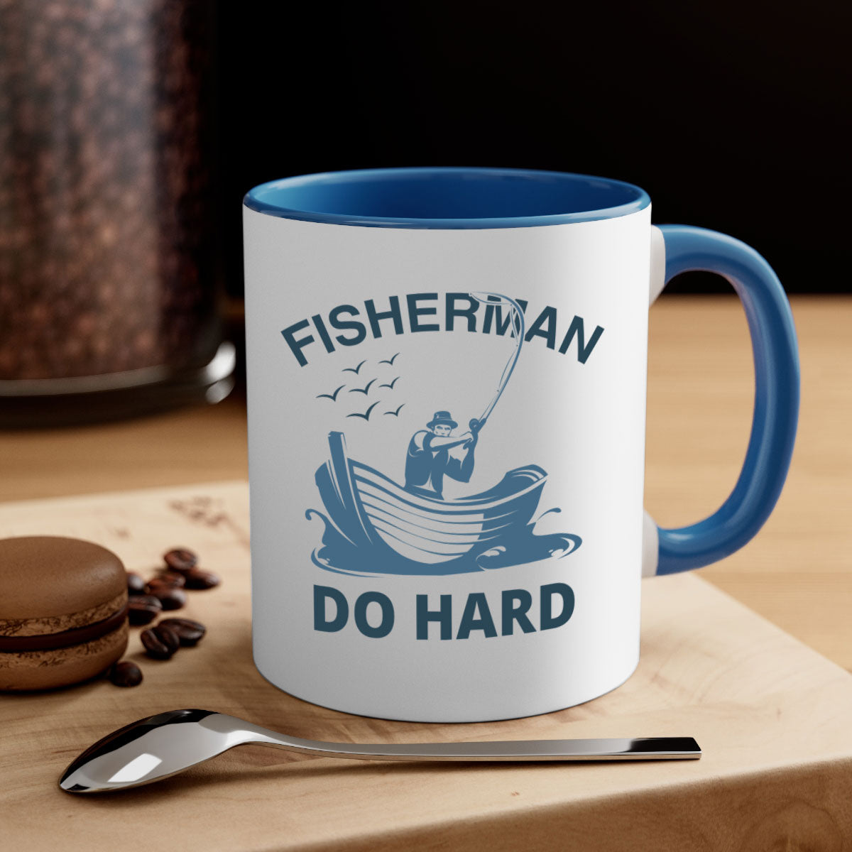 Fisher Man Do Hard 155# Mug with colorful handle and glossy finish, perfect for coffee or tea.