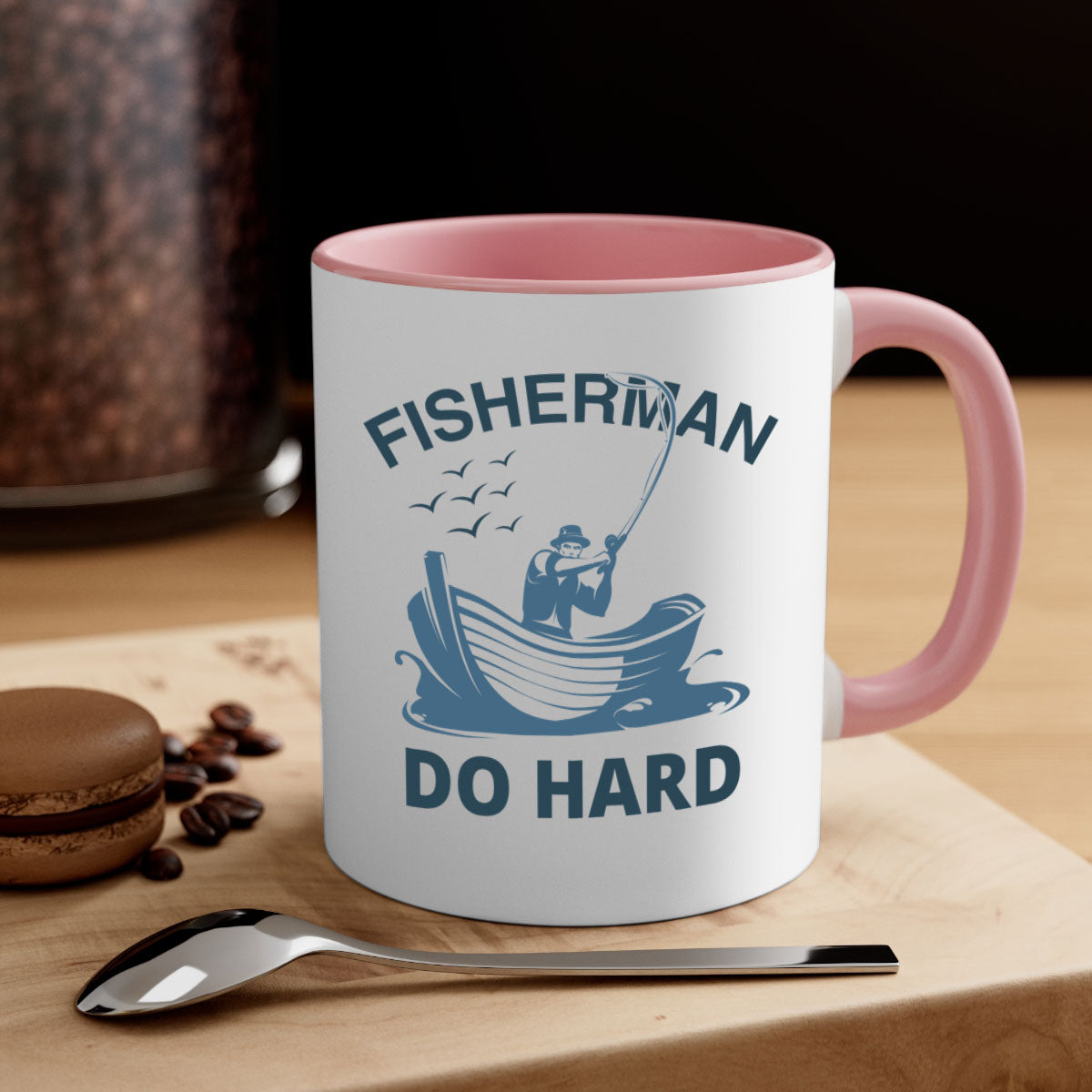 Fisher Man Do Hard 155# Mug with colorful handle and glossy finish, perfect for coffee or tea.