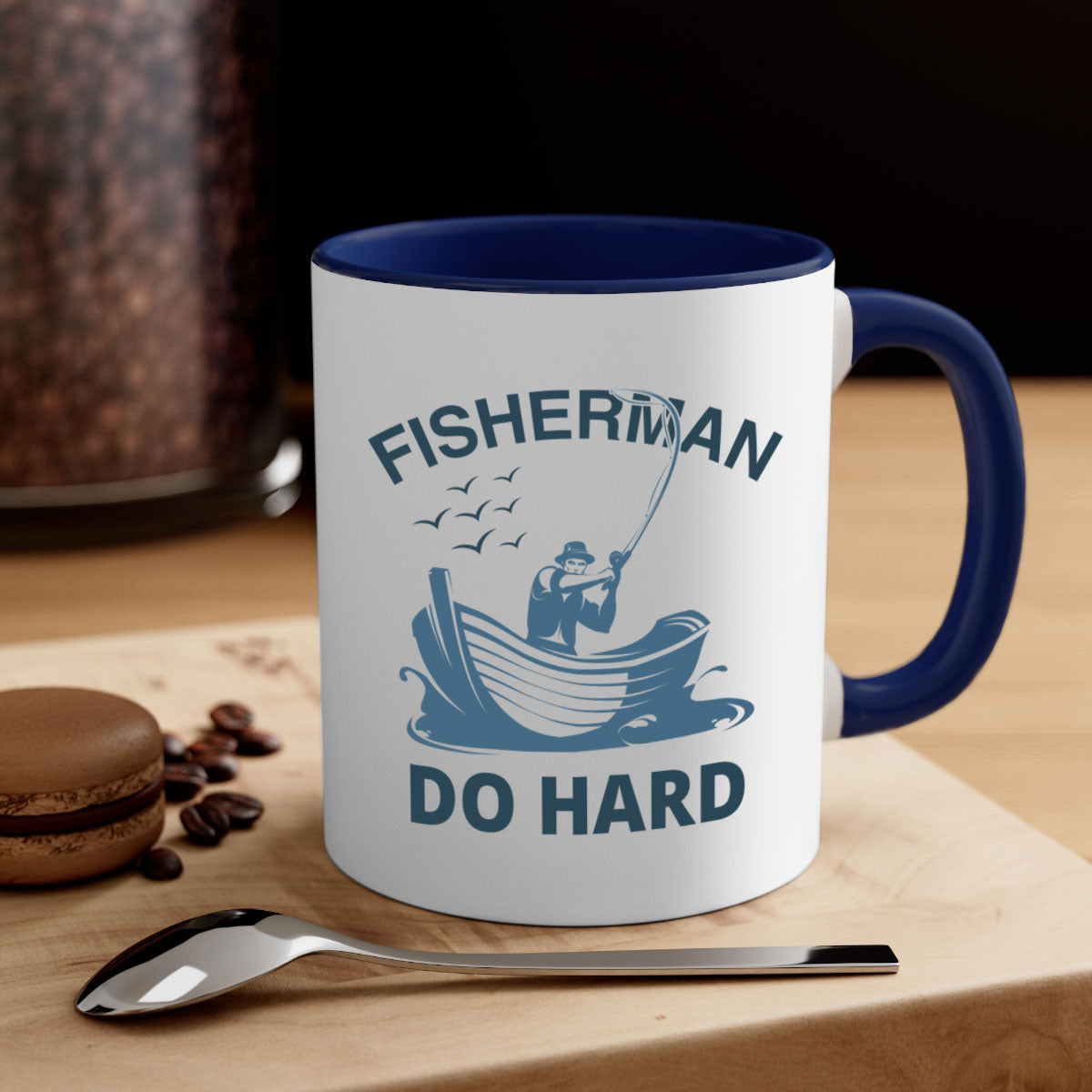 Fisher Man Do Hard 155# Mug with colorful handle and glossy finish, perfect for coffee or tea.