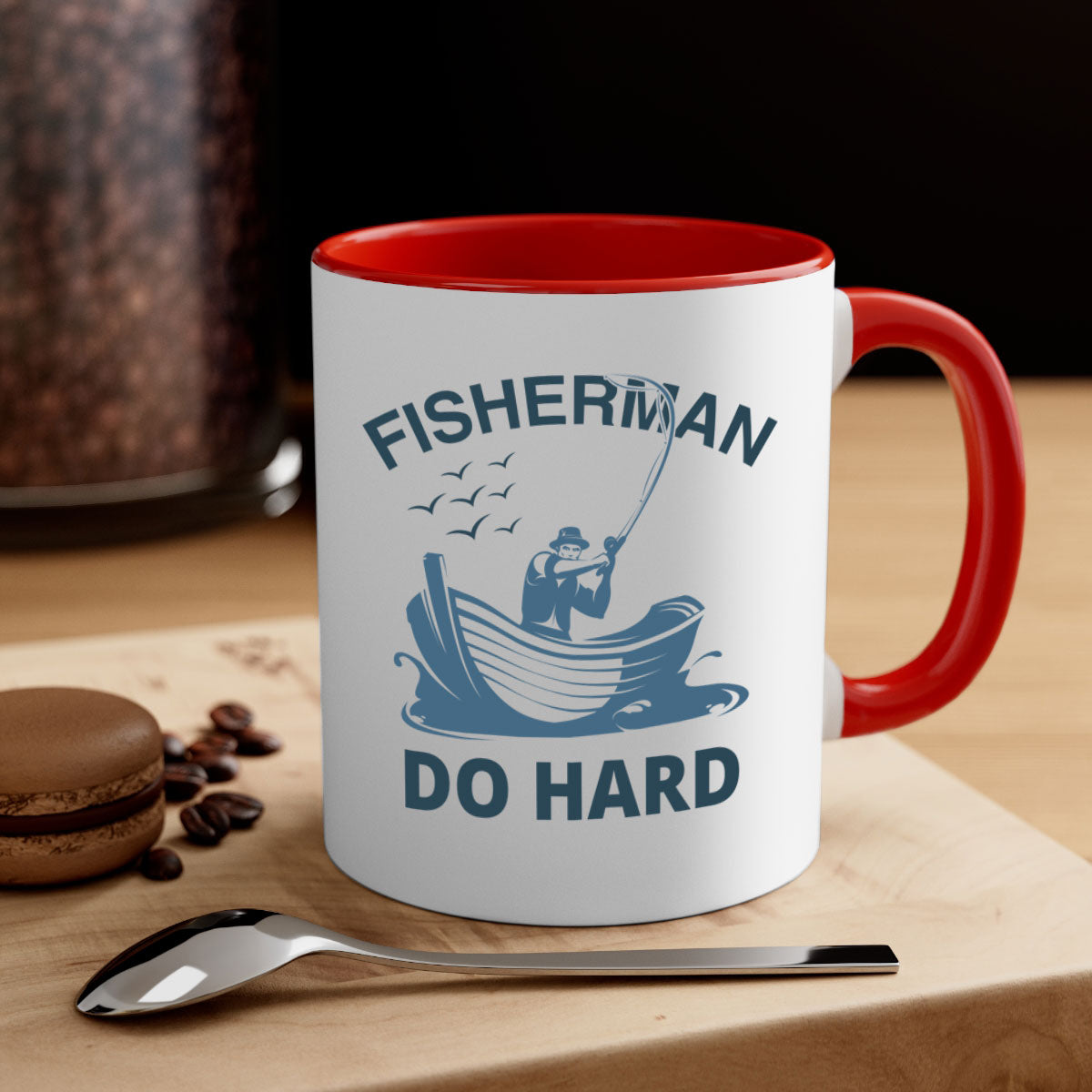 Fisher Man Do Hard 155# Mug with colorful handle and glossy finish, perfect for coffee or tea.