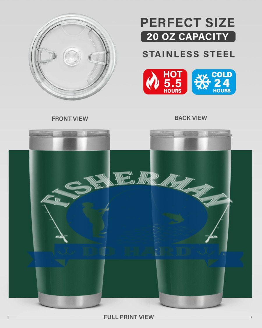 Fisherman Do Hard 276# Tumbler in stainless steel with a drink-thru lid, showcasing its sleek design and durable construction.