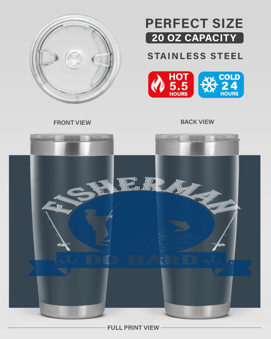 Fisherman Do Hard 276# Tumbler in stainless steel with a drink-thru lid, showcasing its sleek design and durable construction.