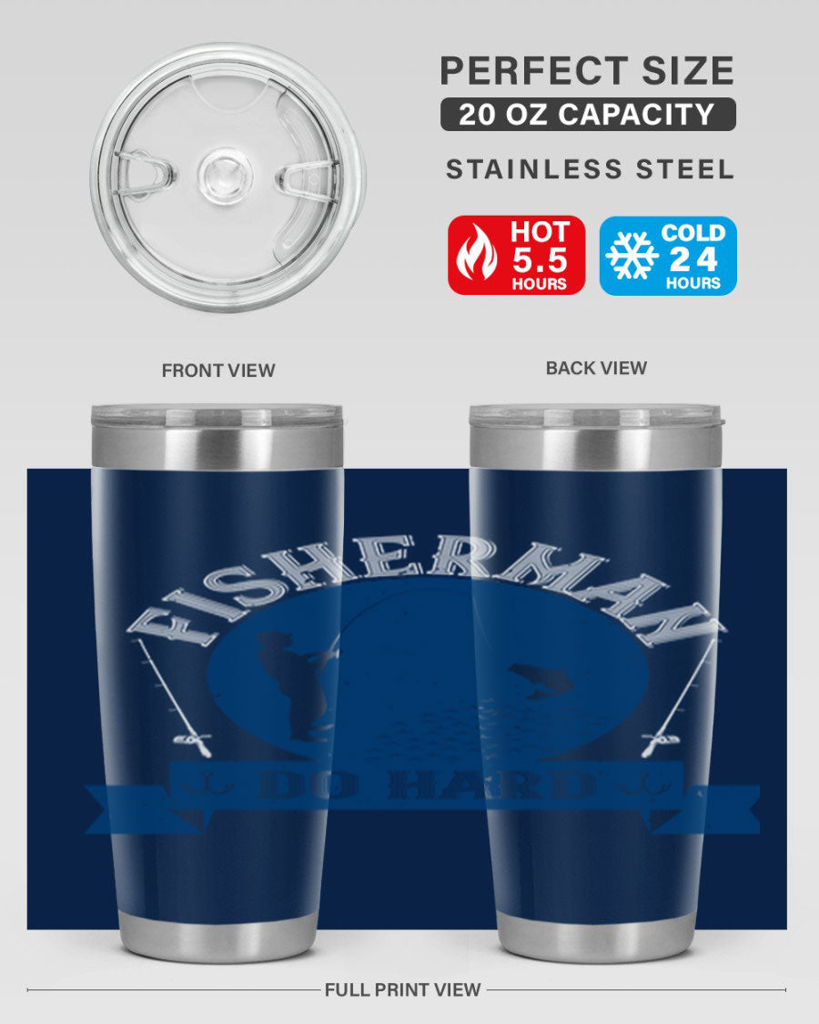 Fisherman Do Hard 276# Tumbler in stainless steel with a drink-thru lid, showcasing its sleek design and durable construction.