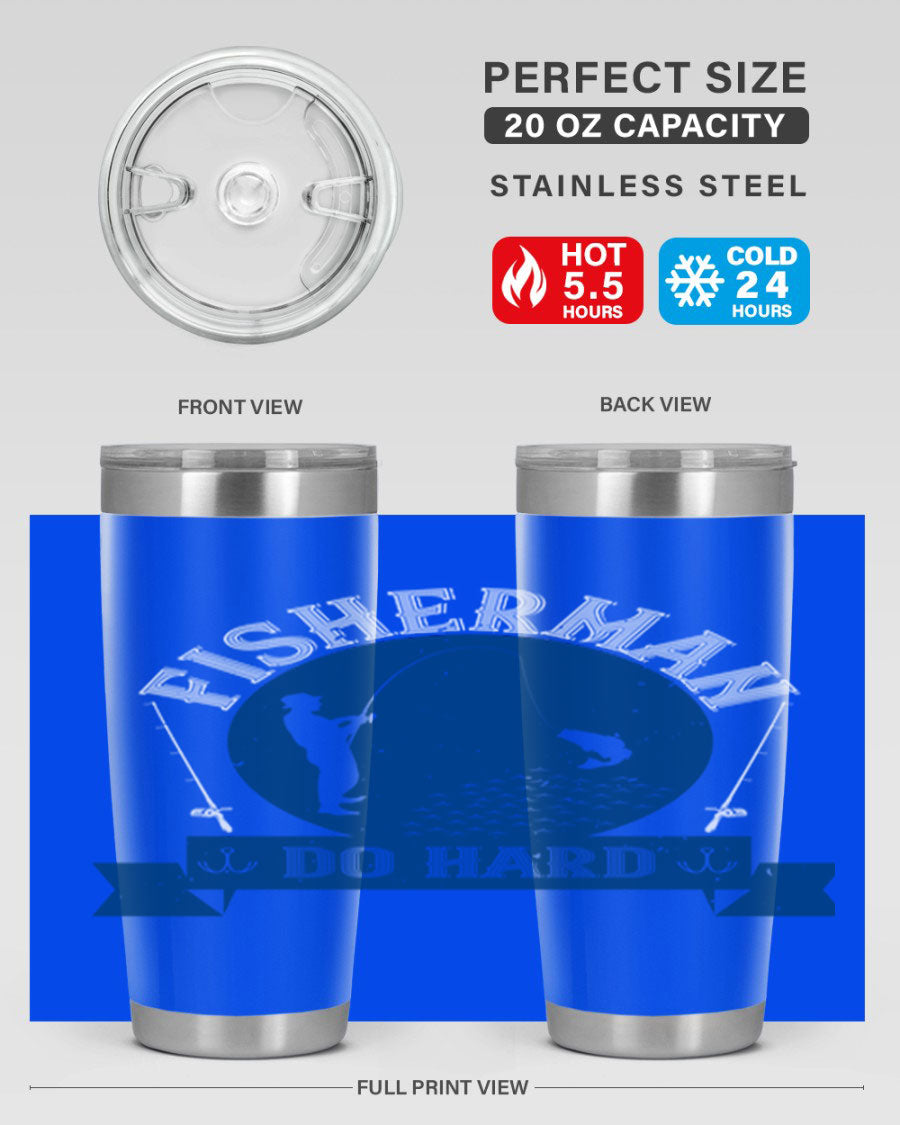 Fisherman Do Hard 276# Tumbler in stainless steel with a drink-thru lid, showcasing its sleek design and durable construction.