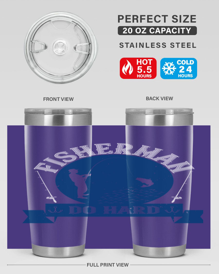 Fisherman Do Hard 276# Tumbler in stainless steel with a drink-thru lid, showcasing its sleek design and durable construction.