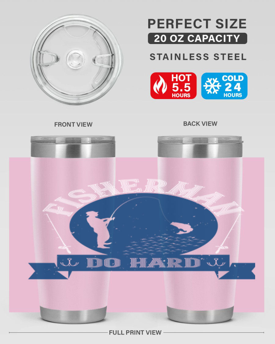 Fisherman Do Hard 276# Tumbler in stainless steel with a drink-thru lid, showcasing its sleek design and durable construction.