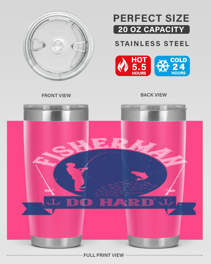 Fisherman Do Hard 276# Tumbler in stainless steel with a drink-thru lid, showcasing its sleek design and durable construction.