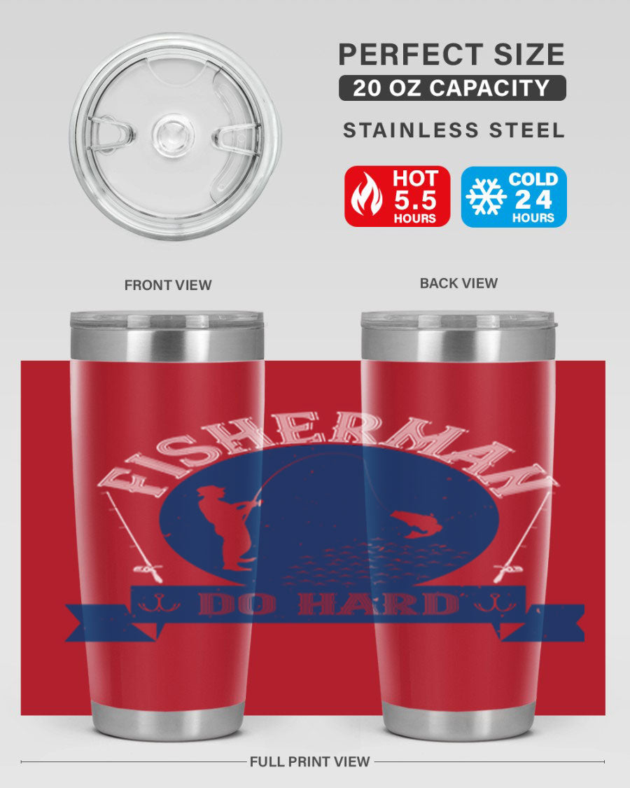 Fisherman Do Hard 276# Tumbler in stainless steel with a drink-thru lid, showcasing its sleek design and durable construction.