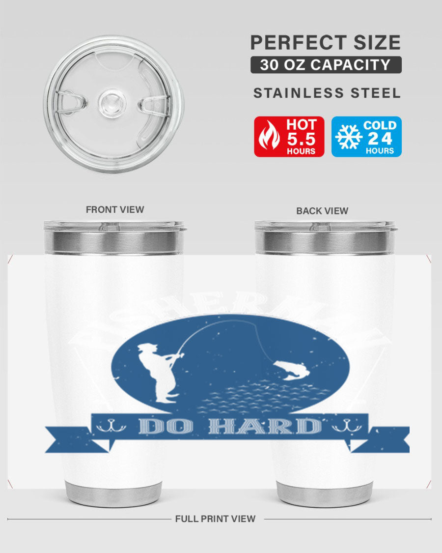 Fisherman Do Hard 276# Tumbler in stainless steel with a drink-thru lid, showcasing its sleek design and durable construction.