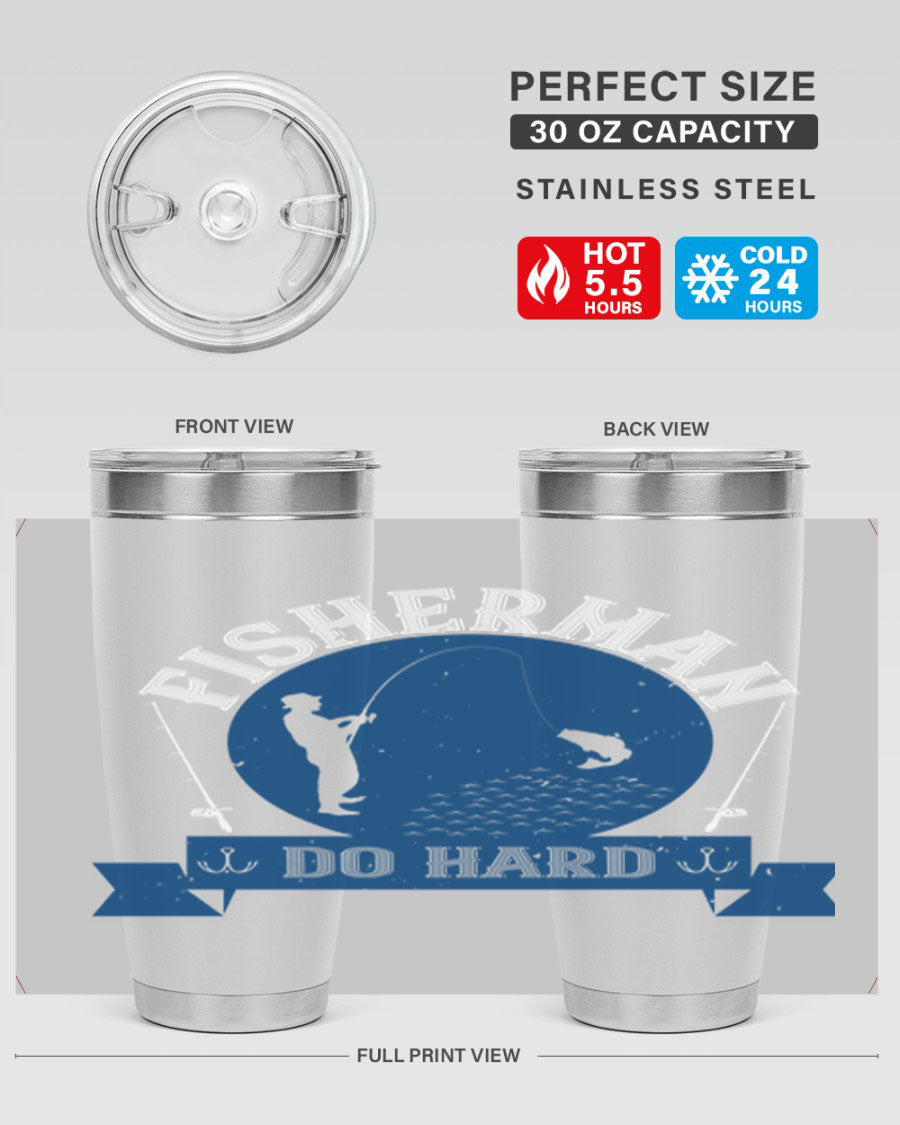 Fisherman Do Hard 276# Tumbler in stainless steel with a drink-thru lid, showcasing its sleek design and durable construction.
