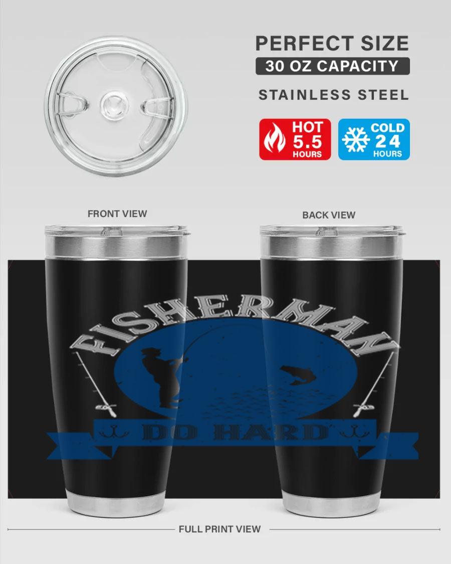 Fisherman Do Hard 276# Tumbler in stainless steel with a drink-thru lid, showcasing its sleek design and durable construction.