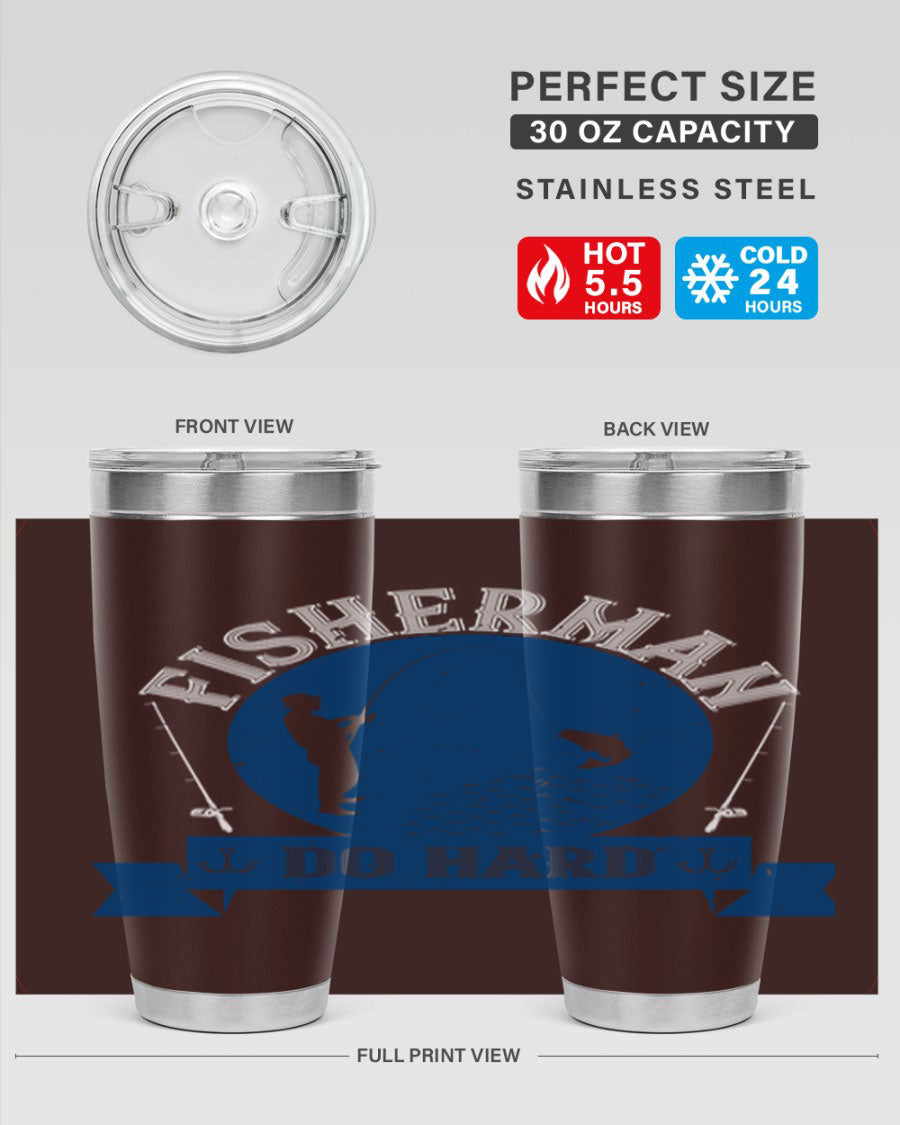 Fisherman Do Hard 276# Tumbler in stainless steel with a drink-thru lid, showcasing its sleek design and durable construction.