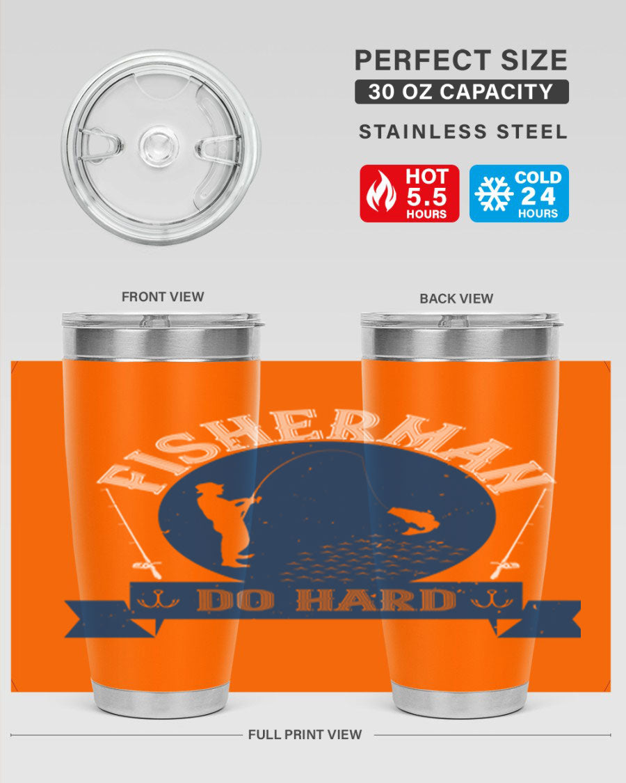 Fisherman Do Hard 276# Tumbler in stainless steel with a drink-thru lid, showcasing its sleek design and durable construction.