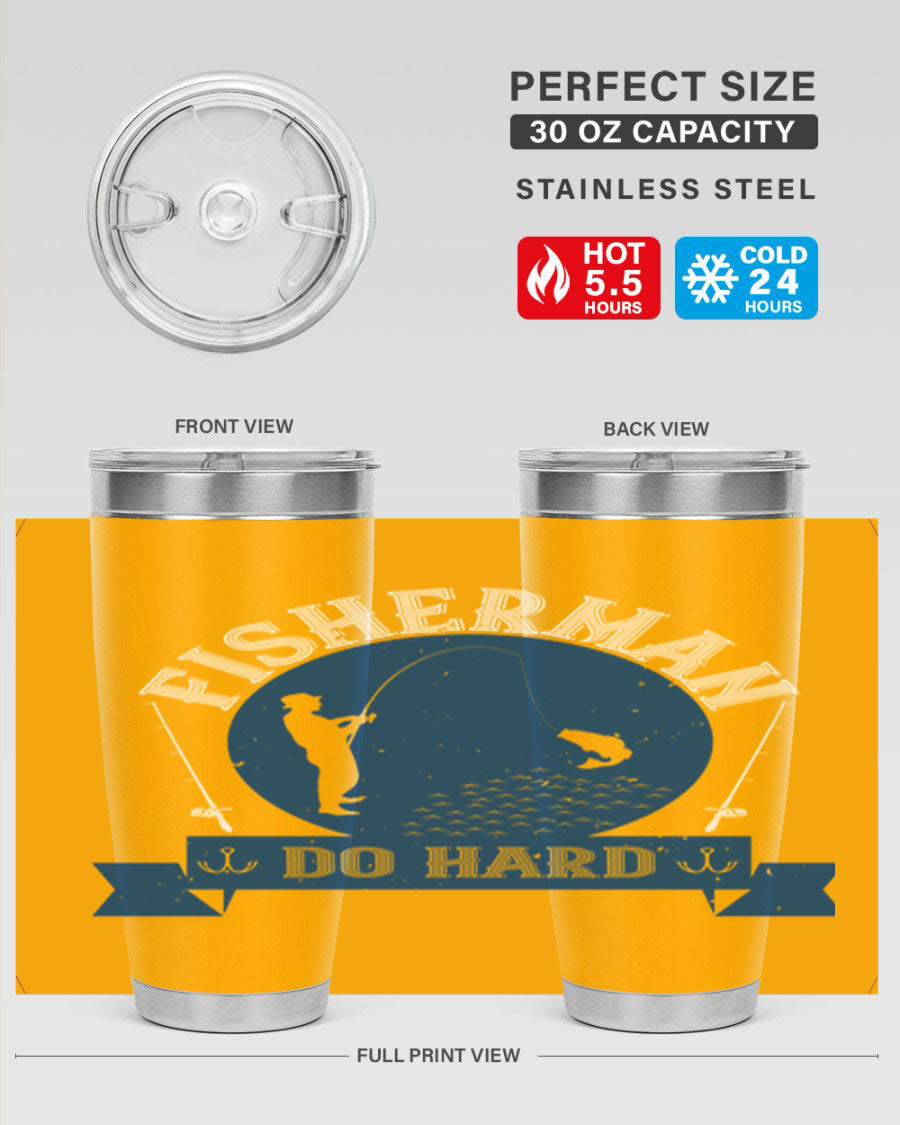 Fisherman Do Hard 276# Tumbler in stainless steel with a drink-thru lid, showcasing its sleek design and durable construction.
