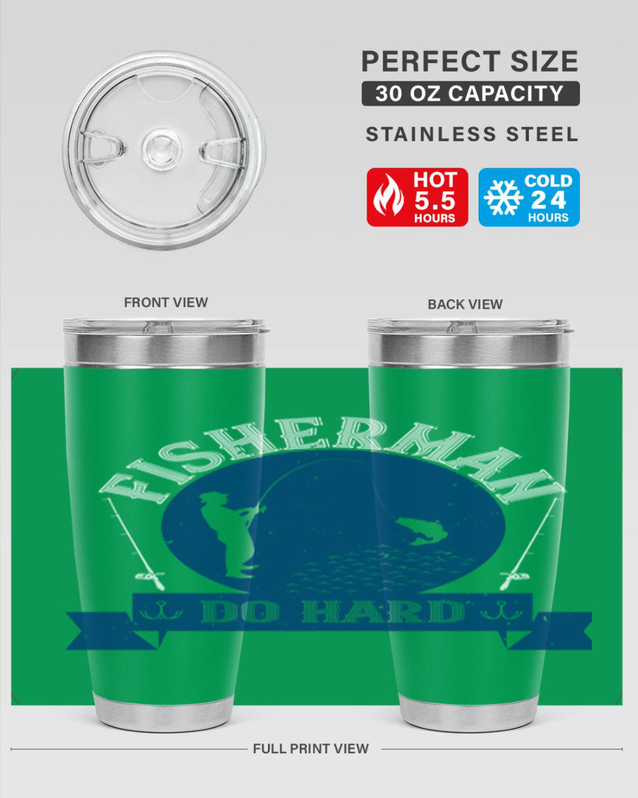 Fisherman Do Hard 276# Tumbler in stainless steel with a drink-thru lid, showcasing its sleek design and durable construction.