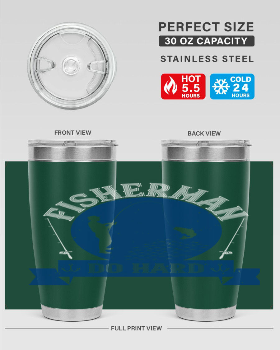 Fisherman Do Hard 276# Tumbler in stainless steel with a drink-thru lid, showcasing its sleek design and durable construction.