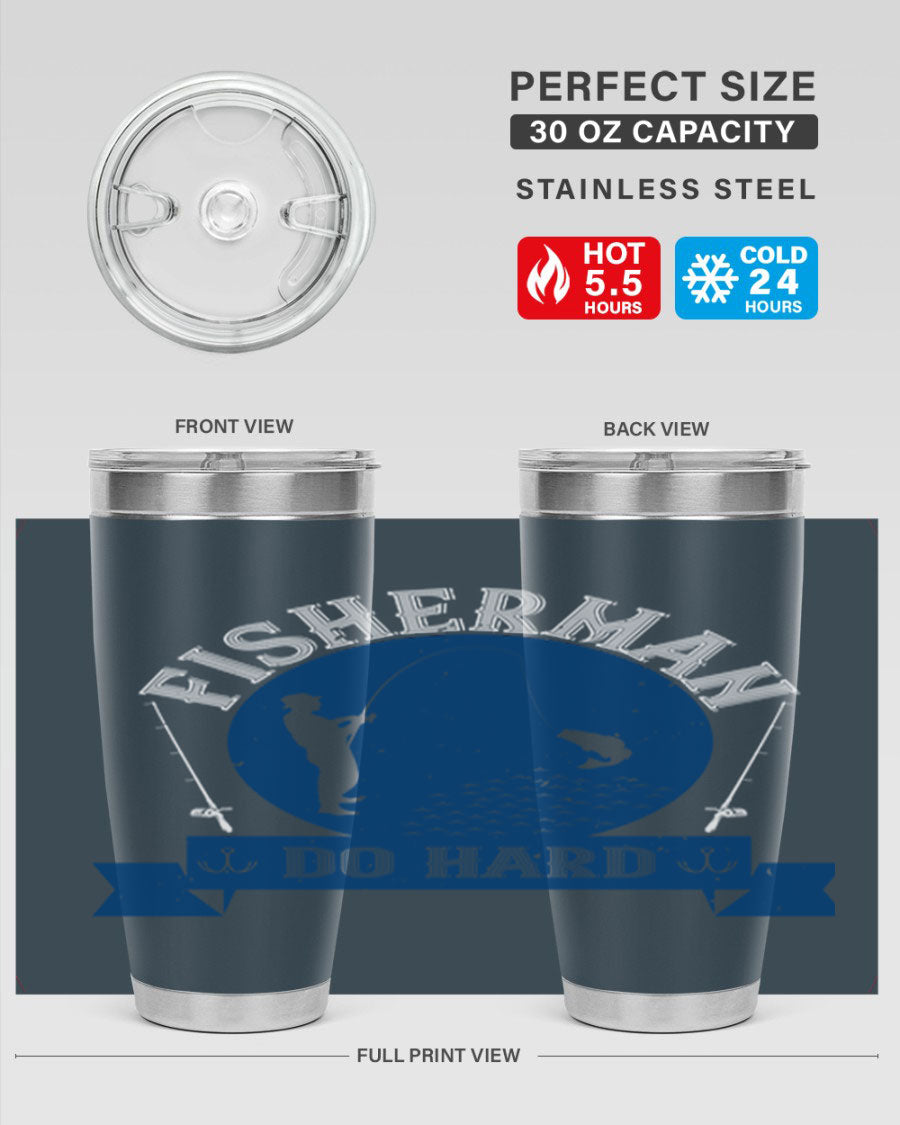Fisherman Do Hard 276# Tumbler in stainless steel with a drink-thru lid, showcasing its sleek design and durable construction.