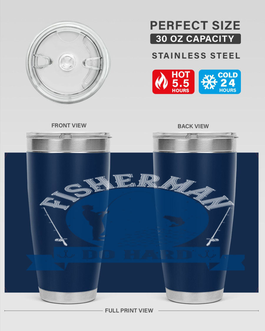 Fisherman Do Hard 276# Tumbler in stainless steel with a drink-thru lid, showcasing its sleek design and durable construction.