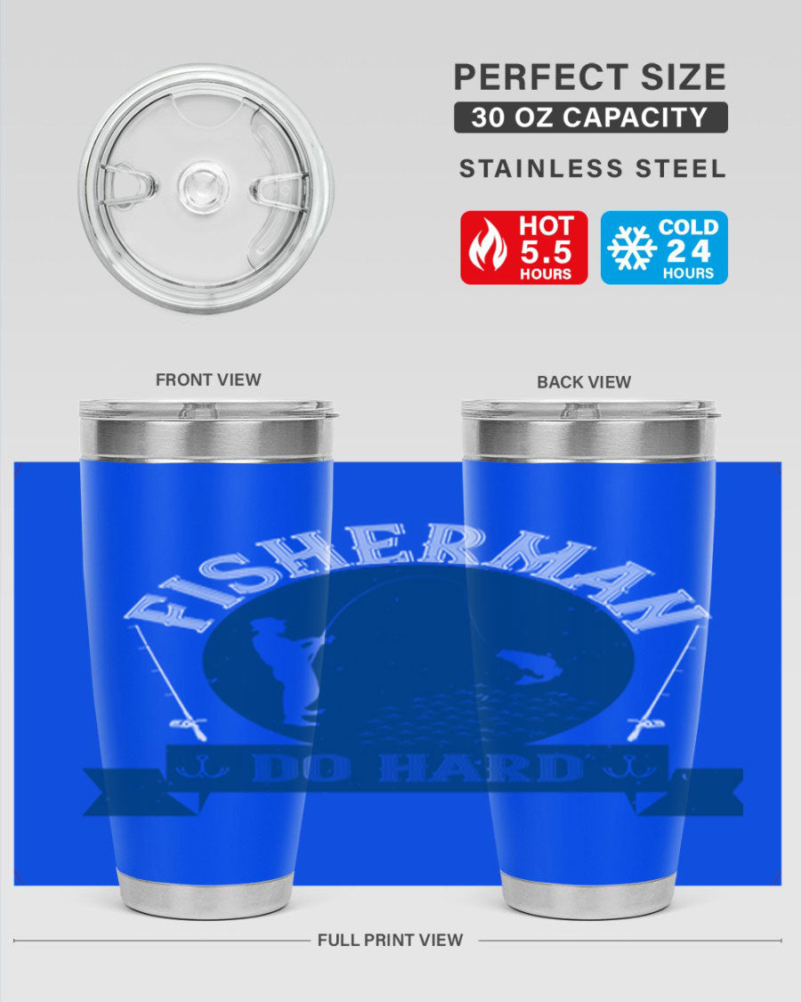 Fisherman Do Hard 276# Tumbler in stainless steel with a drink-thru lid, showcasing its sleek design and durable construction.