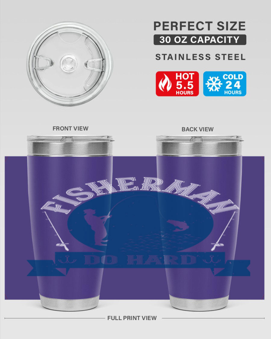 Fisherman Do Hard 276# Tumbler in stainless steel with a drink-thru lid, showcasing its sleek design and durable construction.
