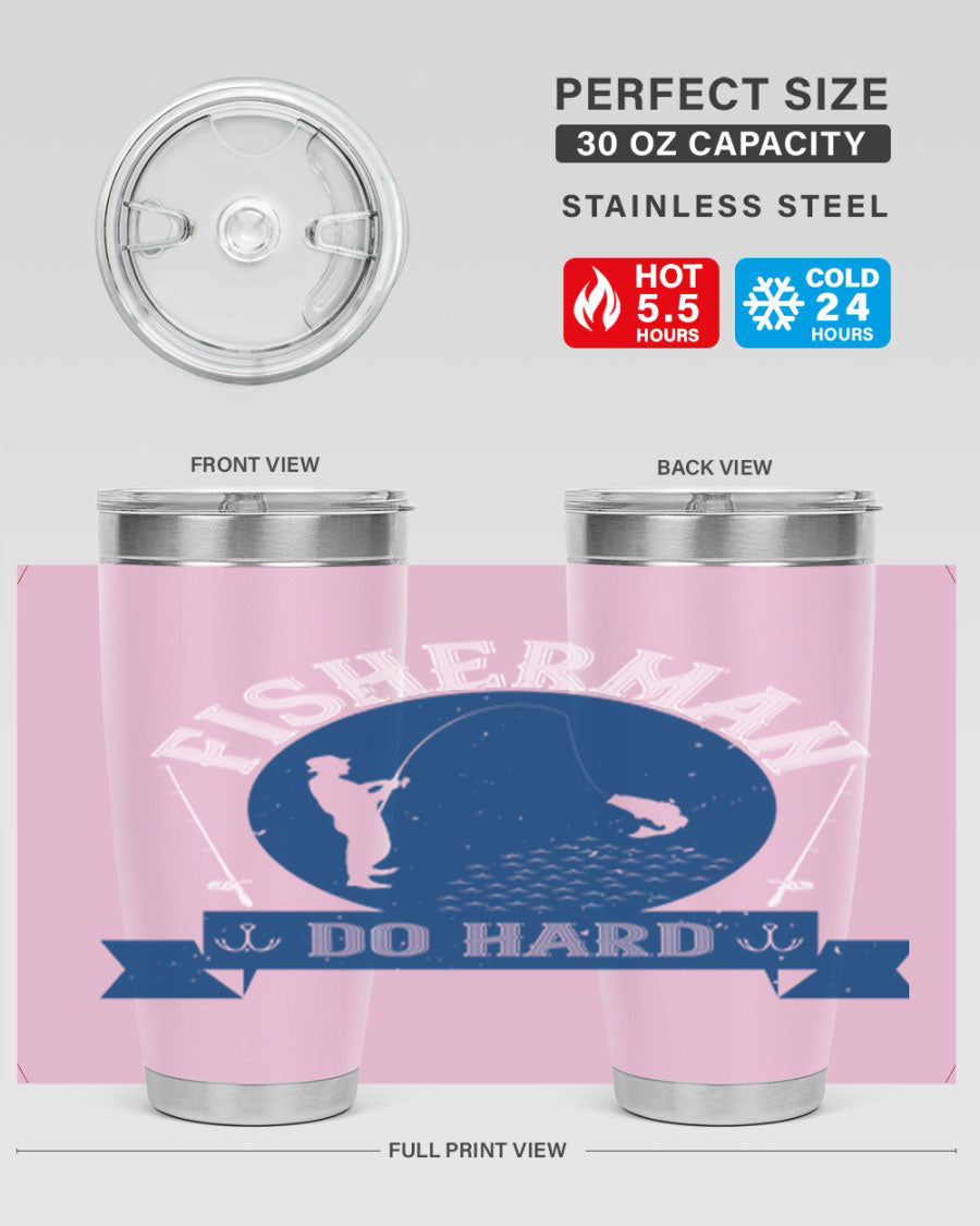 Fisherman Do Hard 276# Tumbler in stainless steel with a drink-thru lid, showcasing its sleek design and durable construction.