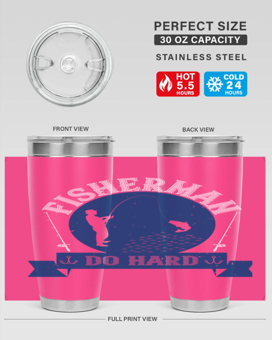 Fisherman Do Hard 276# Tumbler in stainless steel with a drink-thru lid, showcasing its sleek design and durable construction.