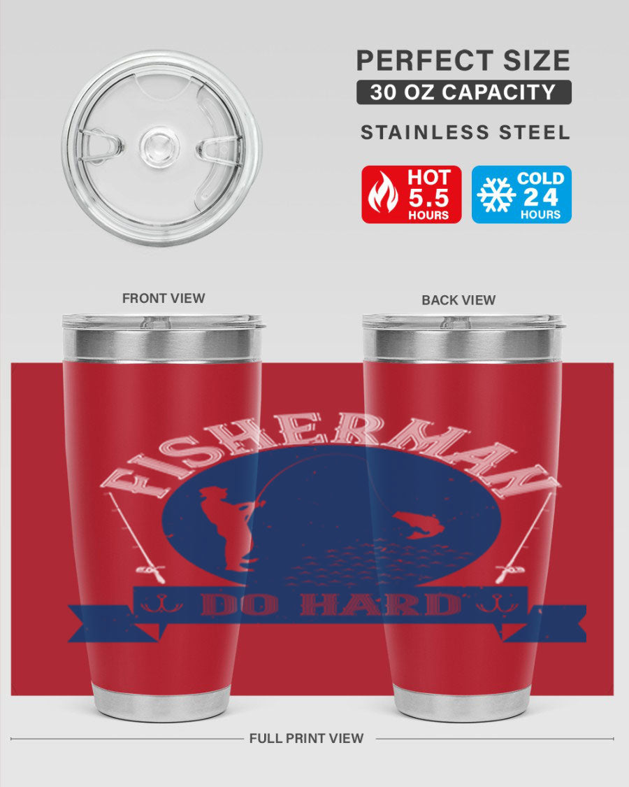 Fisherman Do Hard 276# Tumbler in stainless steel with a drink-thru lid, showcasing its sleek design and durable construction.