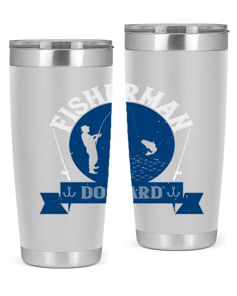 Fisherman Do Hard 276# Tumbler in stainless steel with a drink-thru lid, showcasing its sleek design and durable construction.