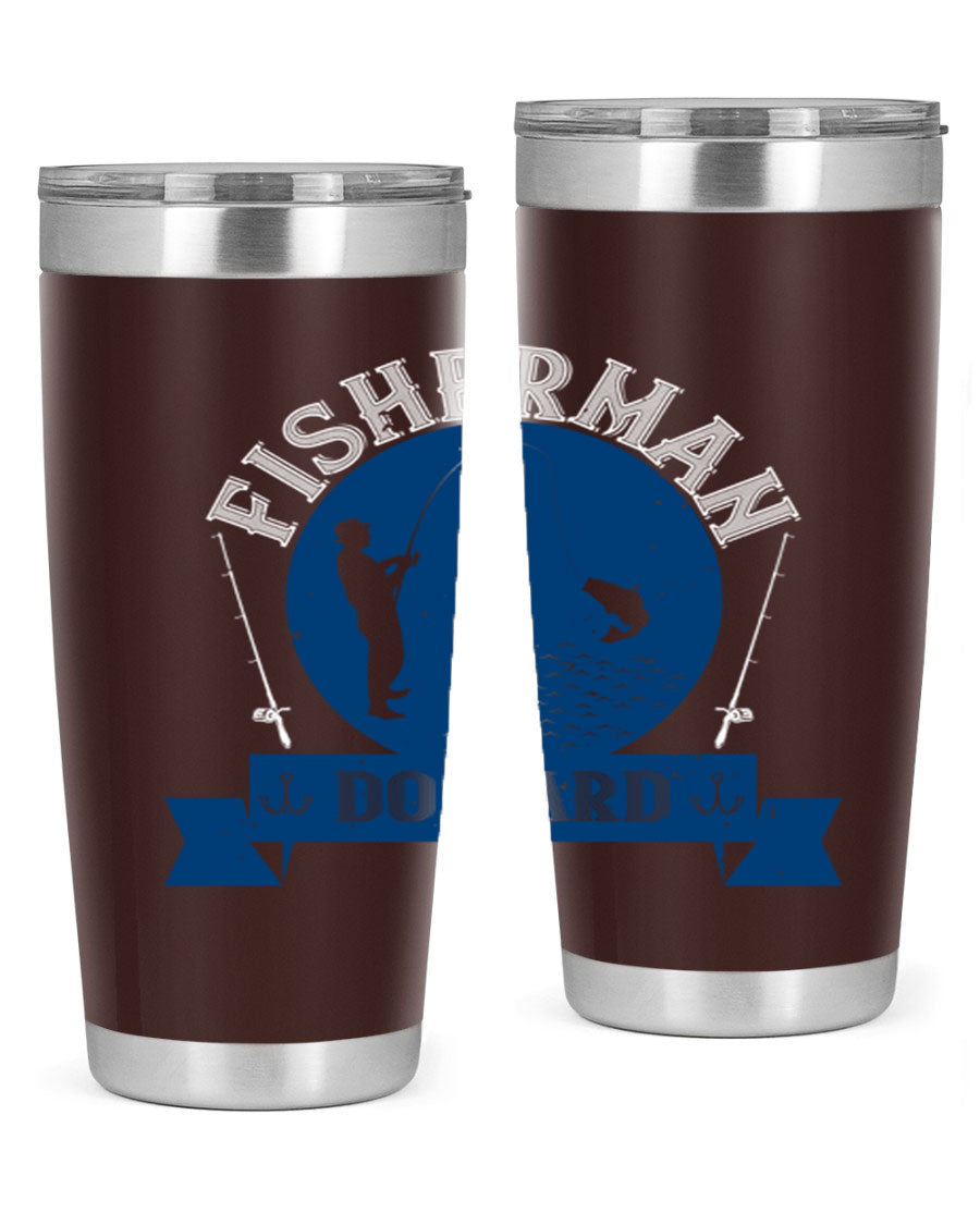 Fisherman Do Hard 276# Tumbler in stainless steel with a drink-thru lid, showcasing its sleek design and durable construction.