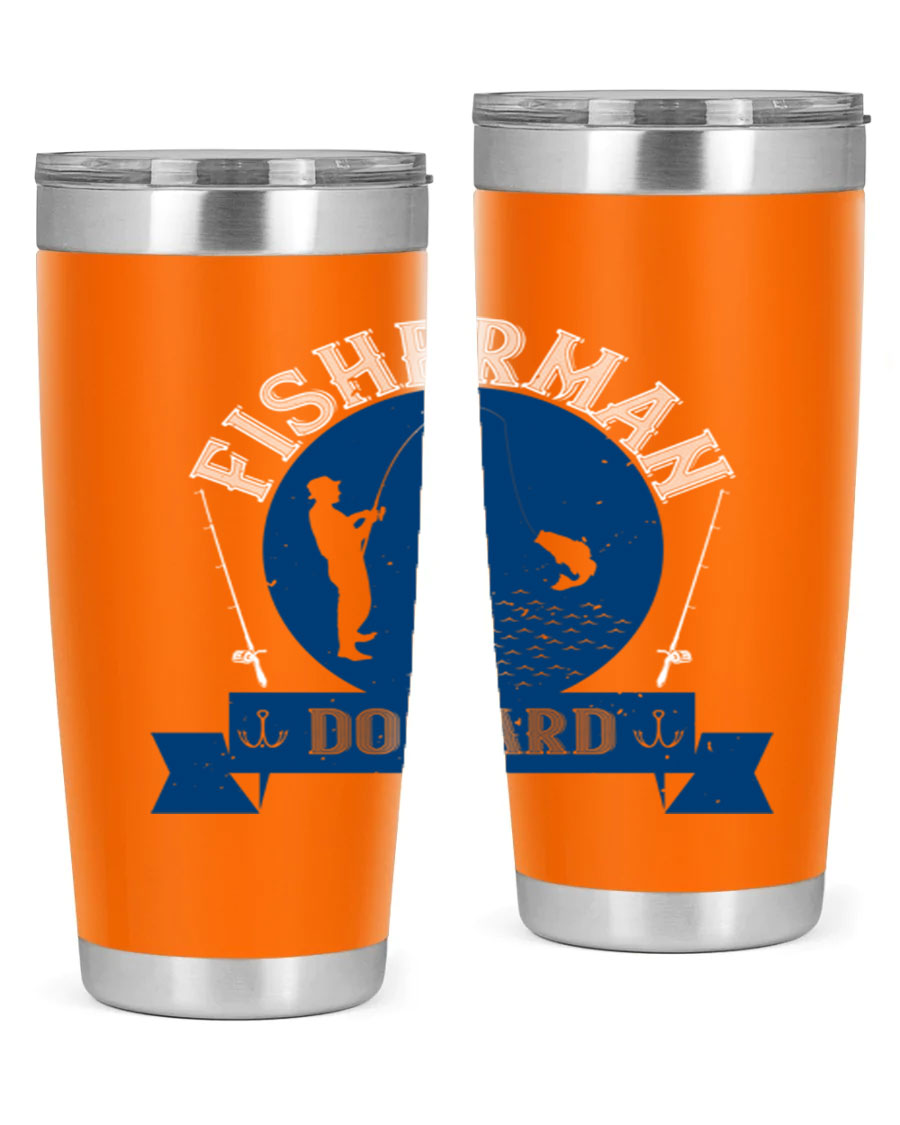 Fisherman Do Hard 276# Tumbler in stainless steel with a drink-thru lid, showcasing its sleek design and durable construction.