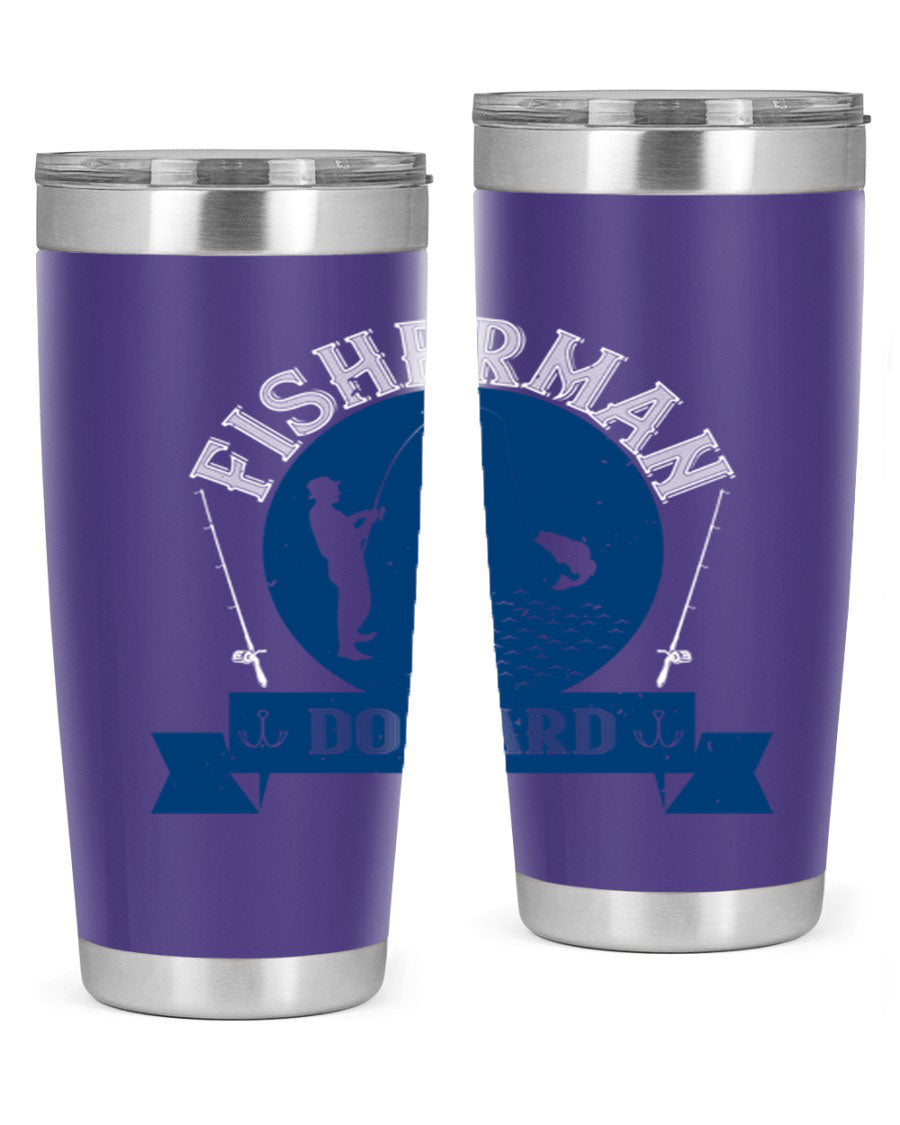 Fisherman Do Hard 276# Tumbler in stainless steel with a drink-thru lid, showcasing its sleek design and durable construction.