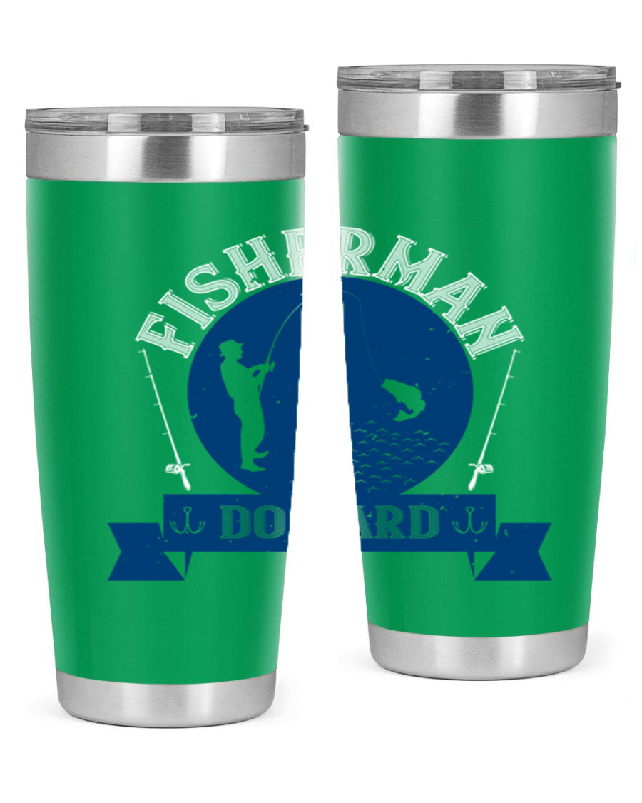 Fisherman Do Hard 276# Tumbler in stainless steel with a drink-thru lid, showcasing its sleek design and durable construction.