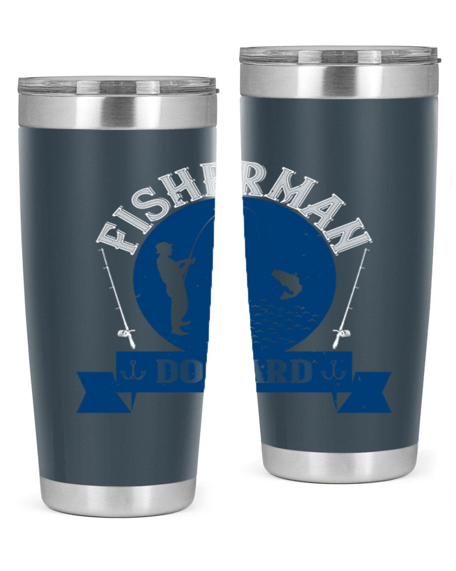Fisherman Do Hard 276# Tumbler in stainless steel with a drink-thru lid, showcasing its sleek design and durable construction.